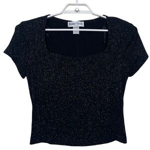 Vintage Ronni Nicole Black Sparkle Top Ribbed Square Neck S 90s Y2K Witchy Vampy